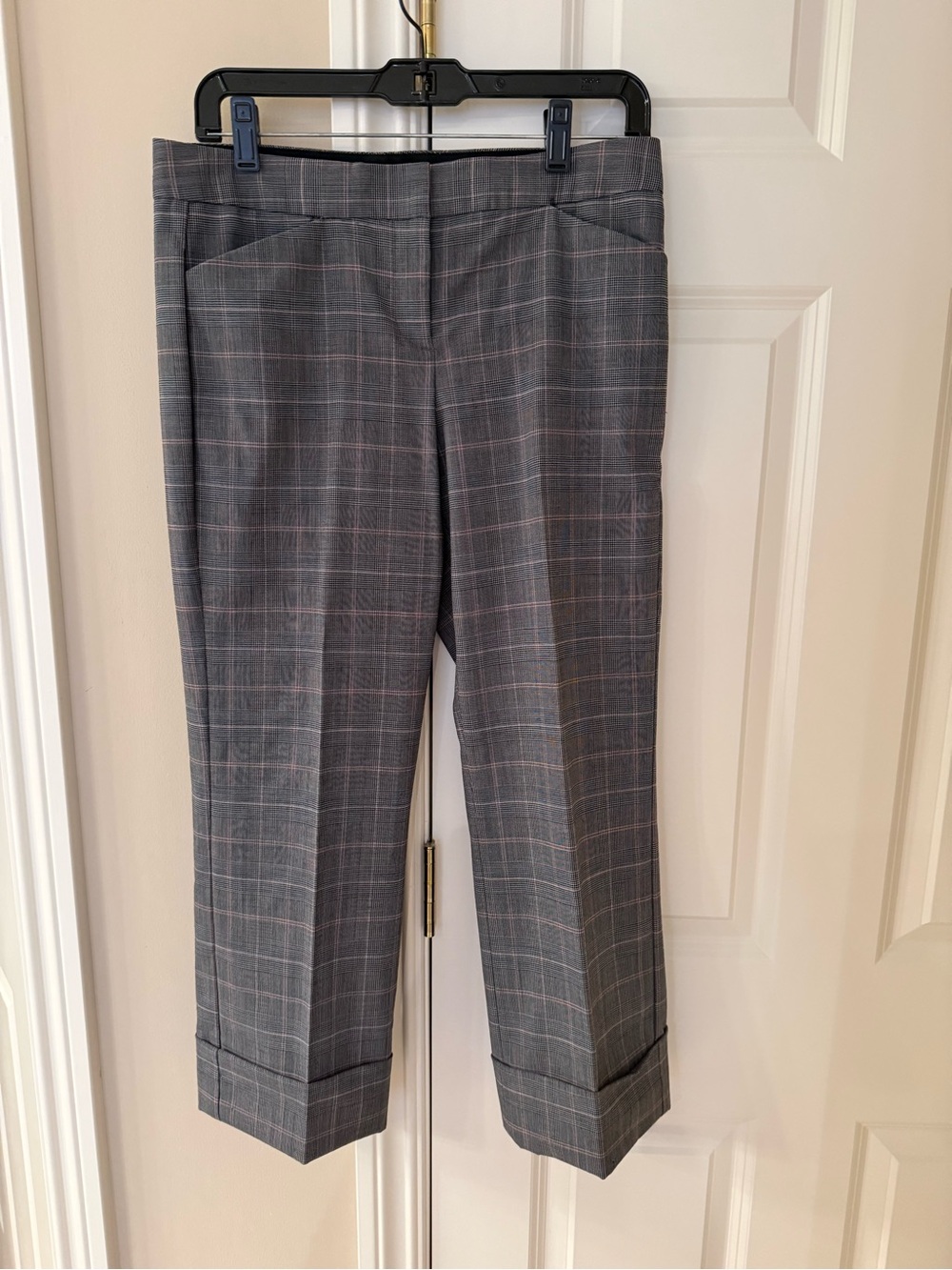 Express Gray Plaid Cropped Dress Pants with Pink Windowpane